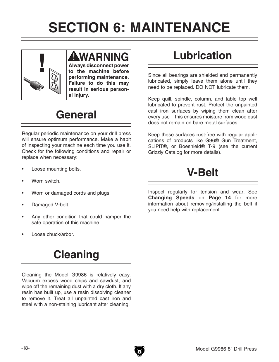 Cleaning, Lubrication v-belt, General | Grizzly G9986 User Manual | Page 20 / 32