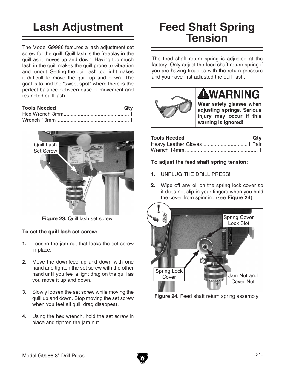 Lash adjustment, Feed shaft spring tension | Grizzly G9986 User Manual | Page 23 / 32