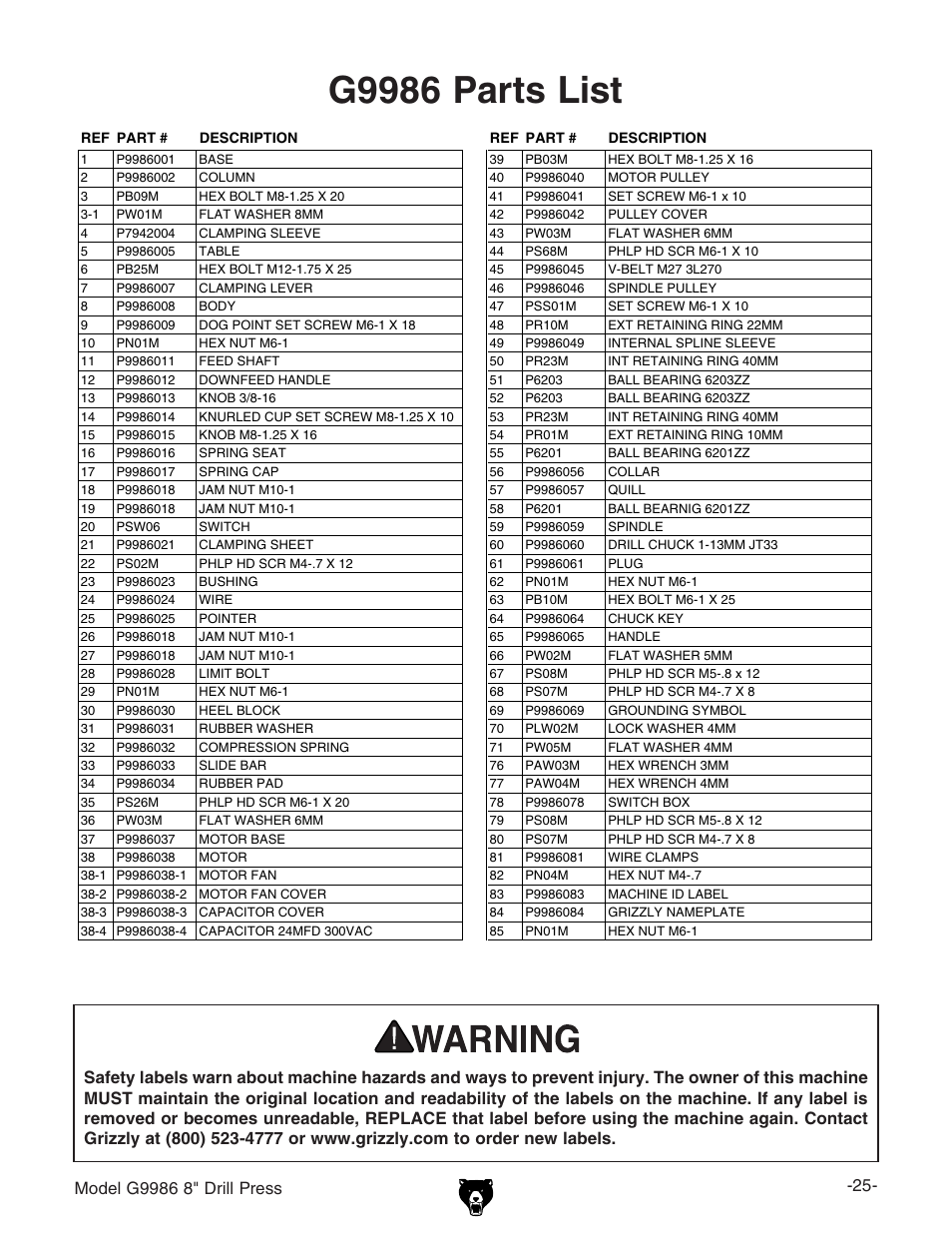 G9986 parts list | Grizzly G9986 User Manual | Page 27 / 32