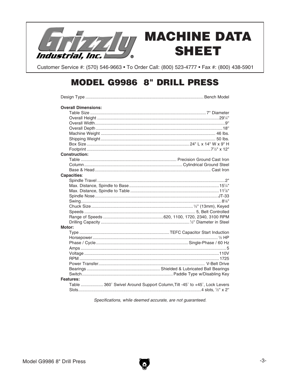 Machine data sheet | Grizzly G9986 User Manual | Page 5 / 32