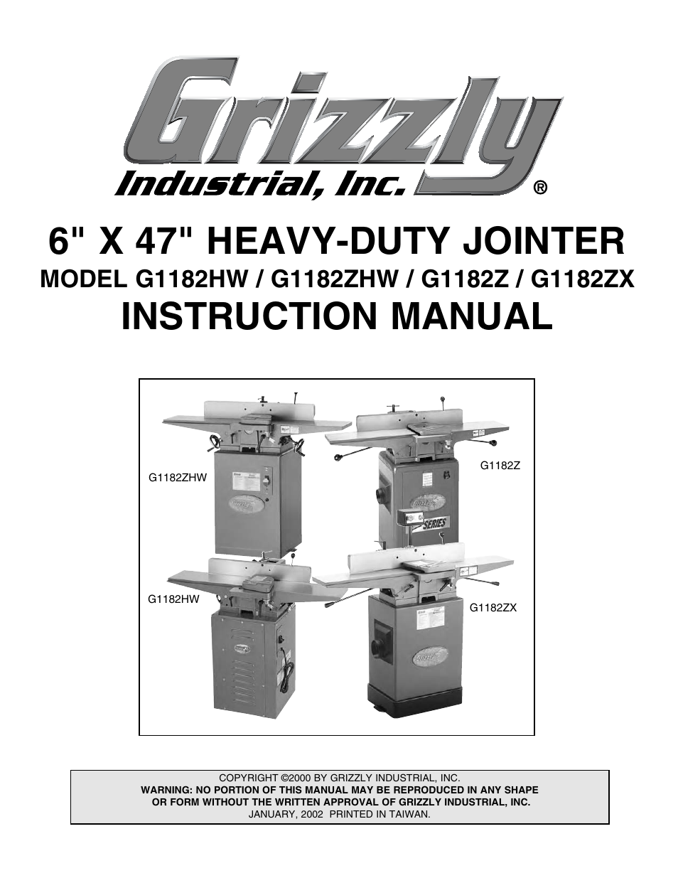 Grizzly Heavy-Duty JOinter G1182ZX User Manual | 44 pages