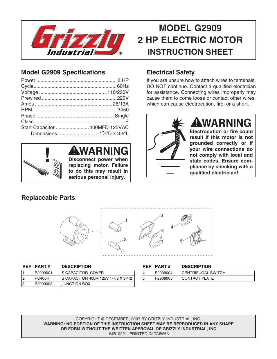 Grizzly Electric Motor G2909 User Manual | 2 pages