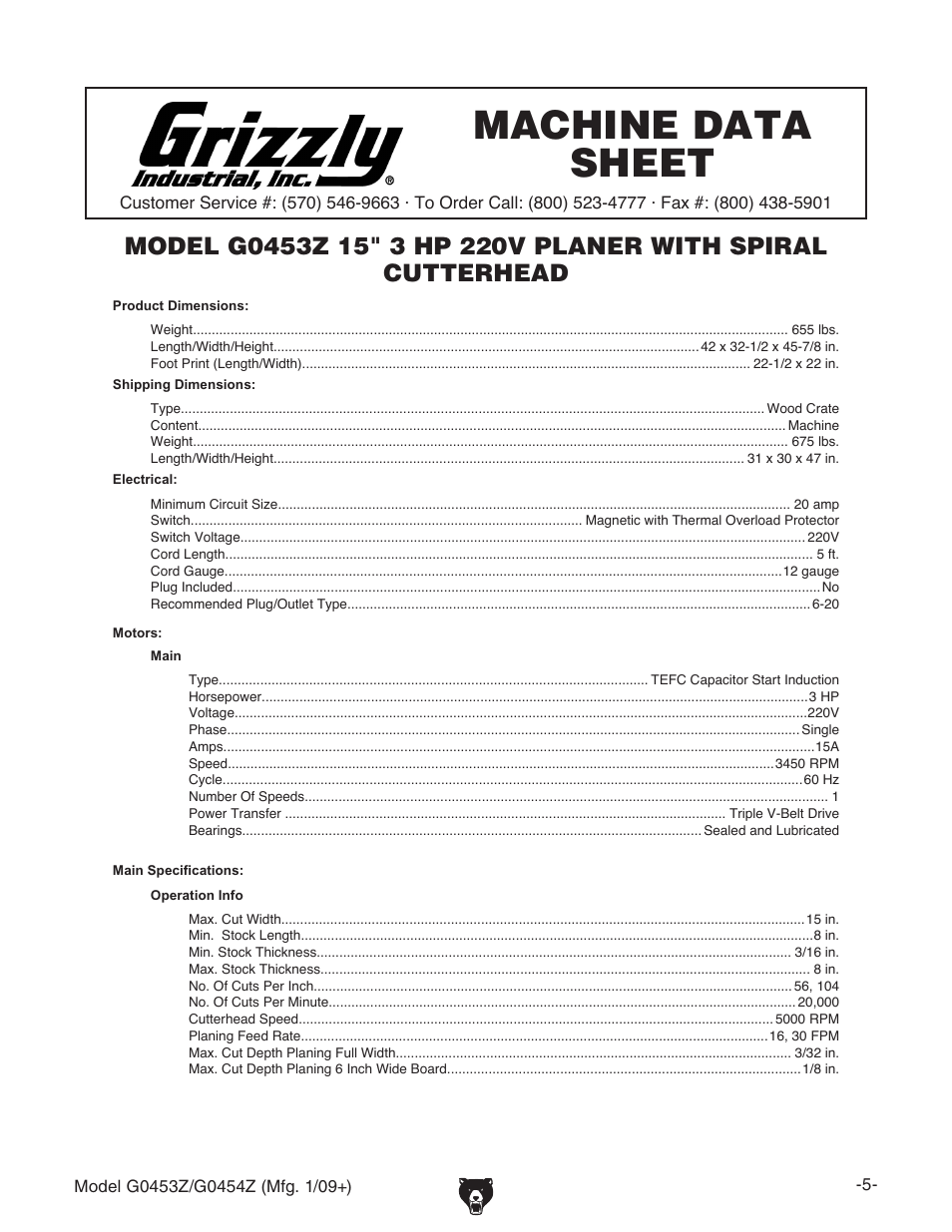 G0453z machine data sheet, Machine data sheet | Grizzly G0453PX User Manual | Page 11 / 72