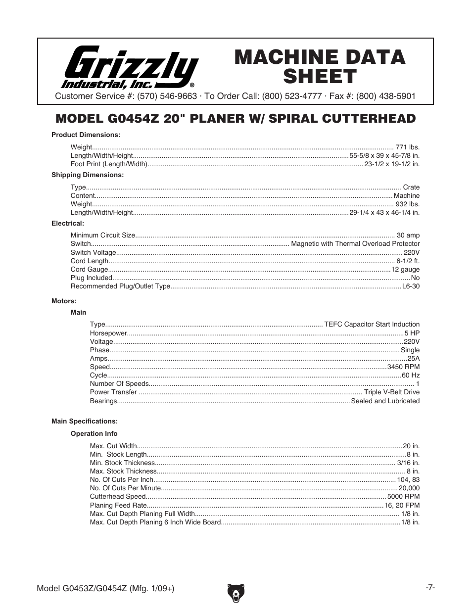 G0454z machine data sheet, Machine data sheet | Grizzly G0453PX User Manual | Page 13 / 72