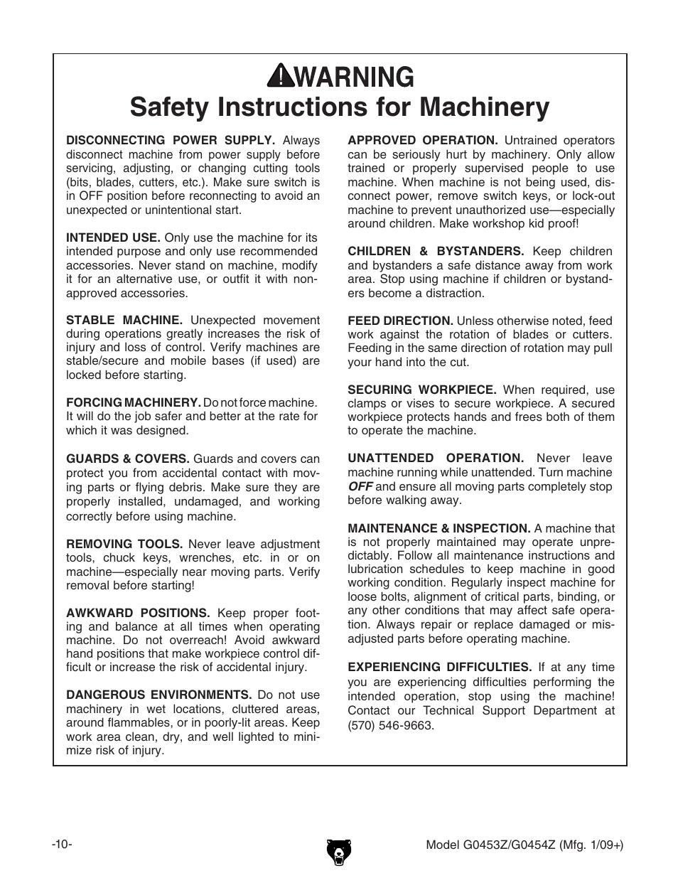 Safety instructions for machinery | Grizzly G0453PX User Manual | Page 16 / 72