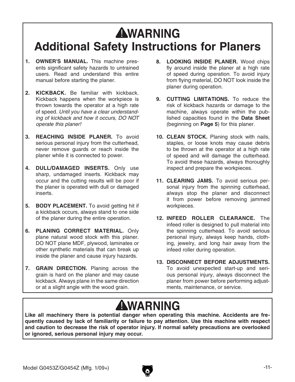 Additional safety instructions for planers | Grizzly G0453PX User Manual | Page 17 / 72