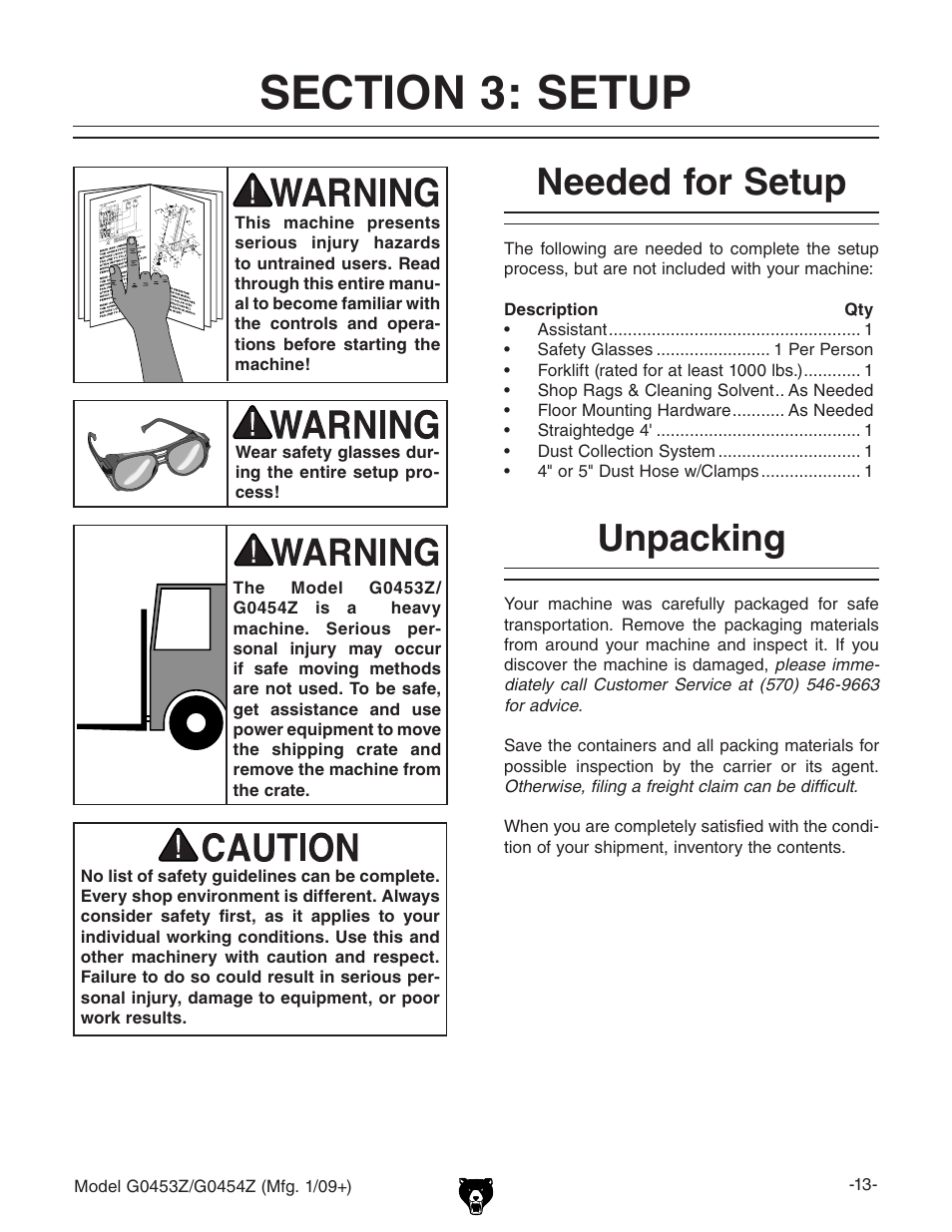 Section 3: setup, Needed for setup unpacking, Needed for setup | Unpacking | Grizzly G0453PX User Manual | Page 19 / 72