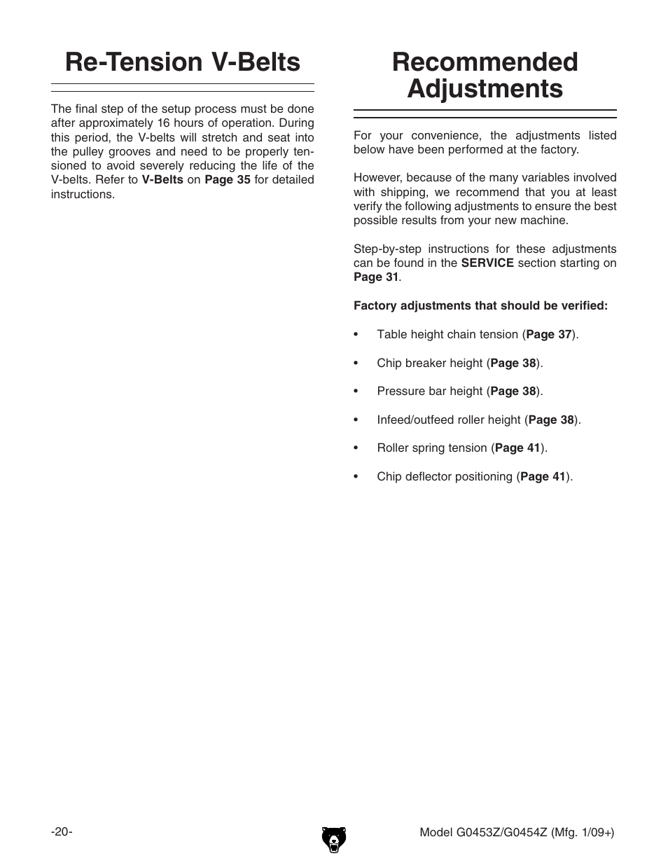 Re-tension v-belts recommended adjustments, Re-tension v-belts, Recommended adjustments | Grizzly G0453PX User Manual | Page 26 / 72