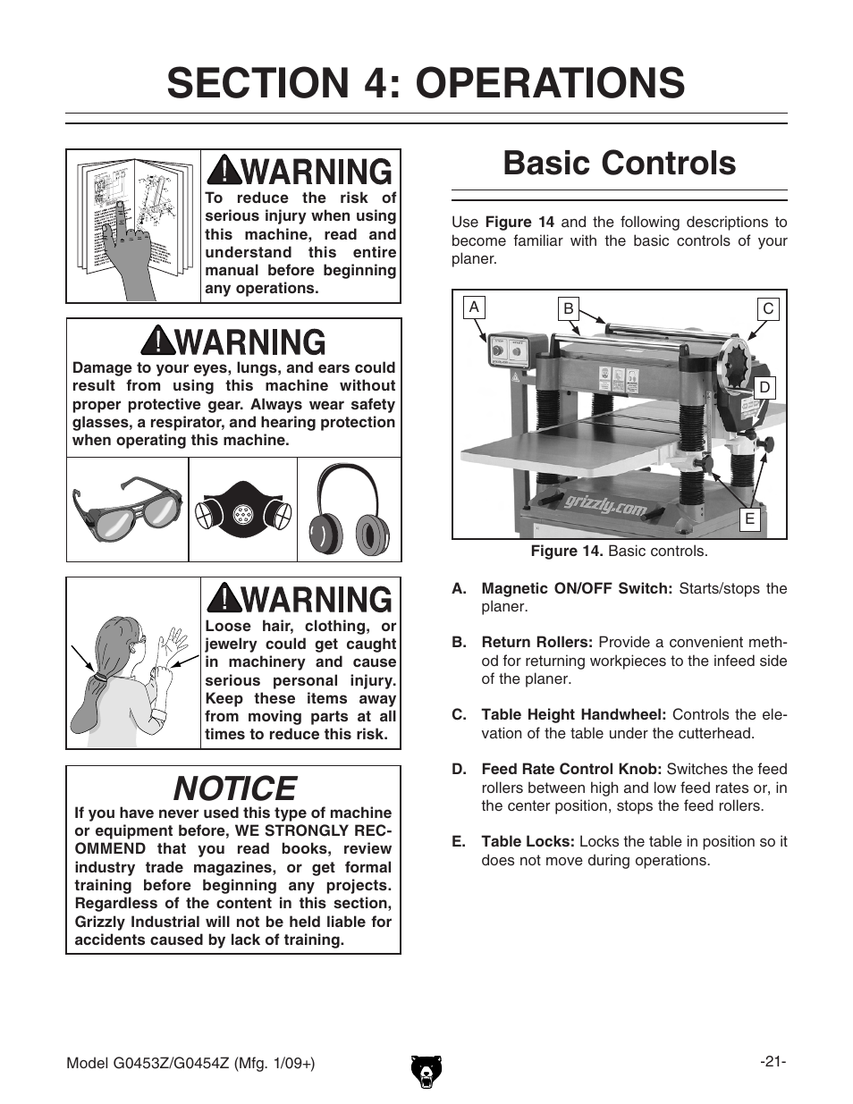 Section 4: operations, Basic controls, Notice | Grizzly G0453PX User Manual | Page 27 / 72