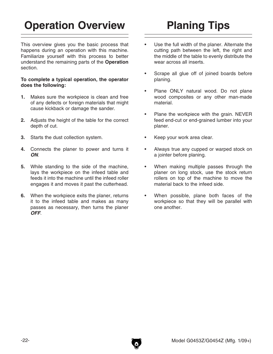 Operation overview planing tips | Grizzly G0453PX User Manual | Page 28 / 72