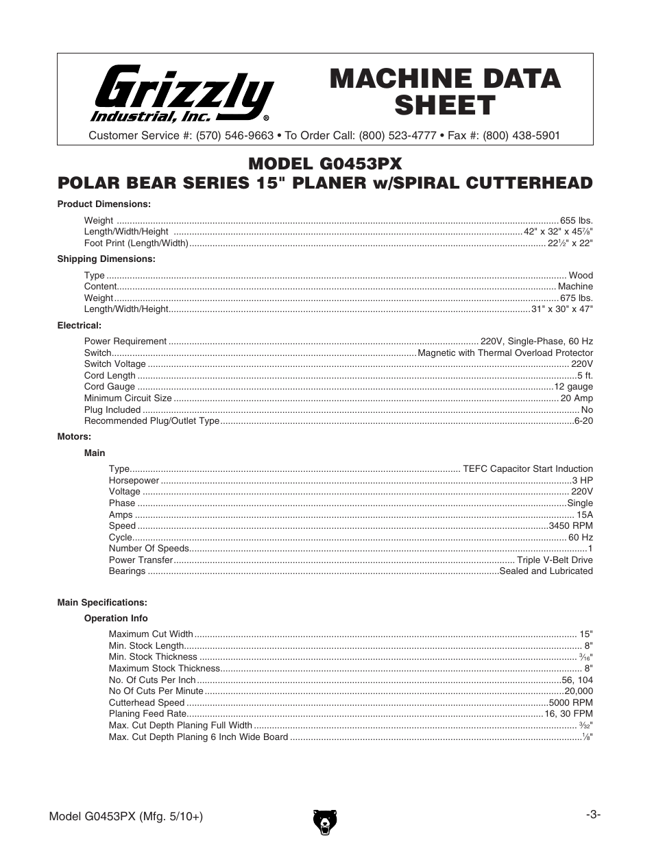 Machine data sheet | Grizzly G0453PX User Manual | Page 3 / 72