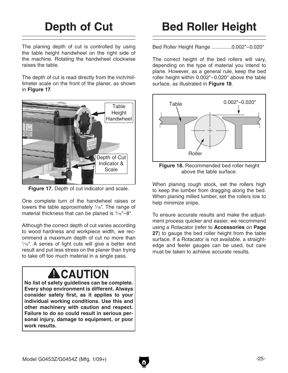 Depth of cut bed roller height, Bed roller height, Depth of cut | Grizzly G0453PX User Manual | Page 31 / 72