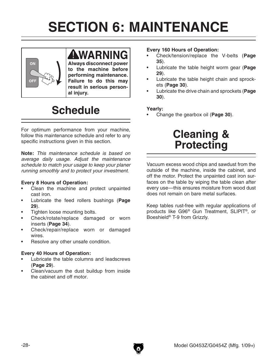 Section 6: maintenance, Schedule cleaning & protecting, Schedule | Cleaning & protecting | Grizzly G0453PX User Manual | Page 34 / 72