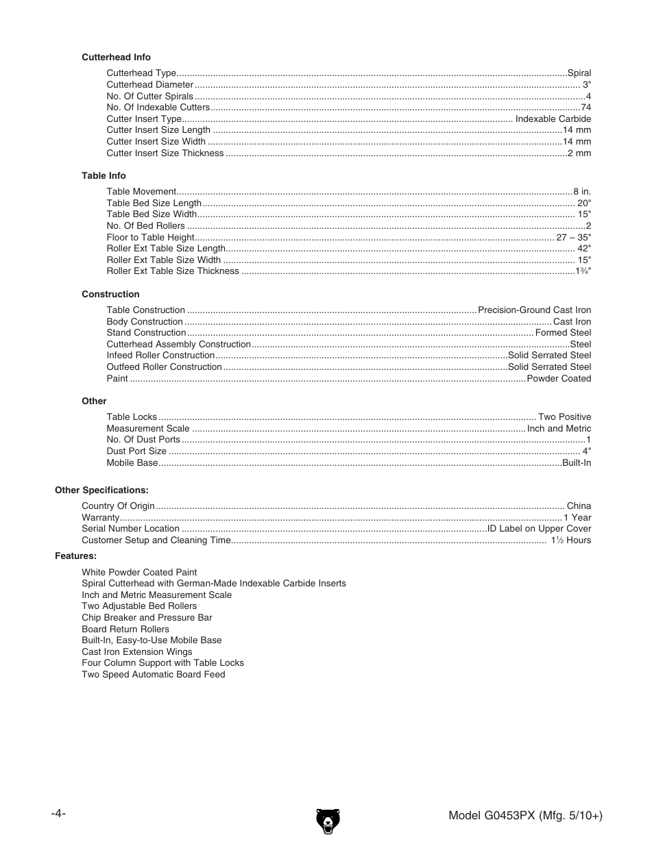 Grizzly G0453PX User Manual | Page 4 / 72