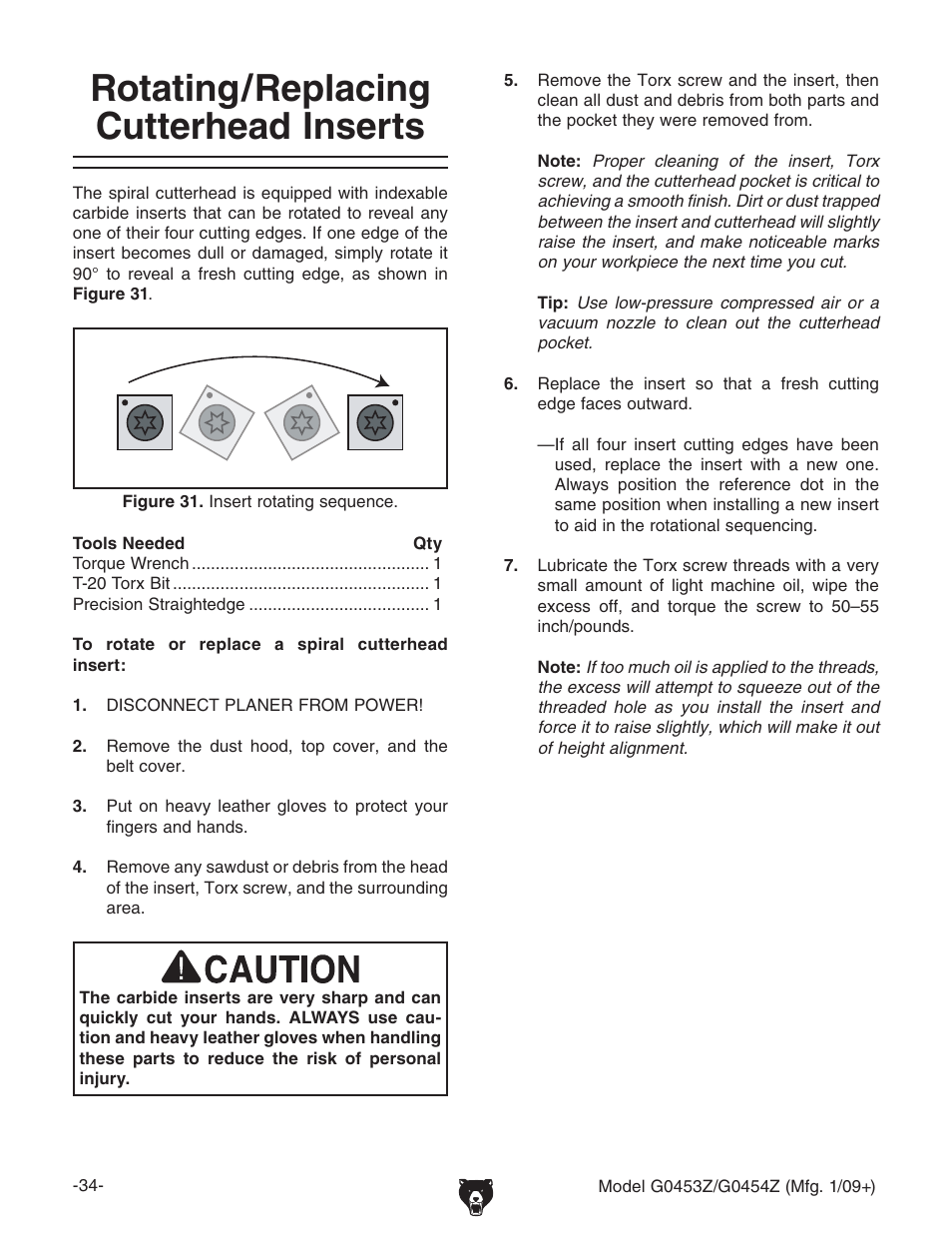 Rotating/replacing cutterhead inserts | Grizzly G0453PX User Manual | Page 40 / 72