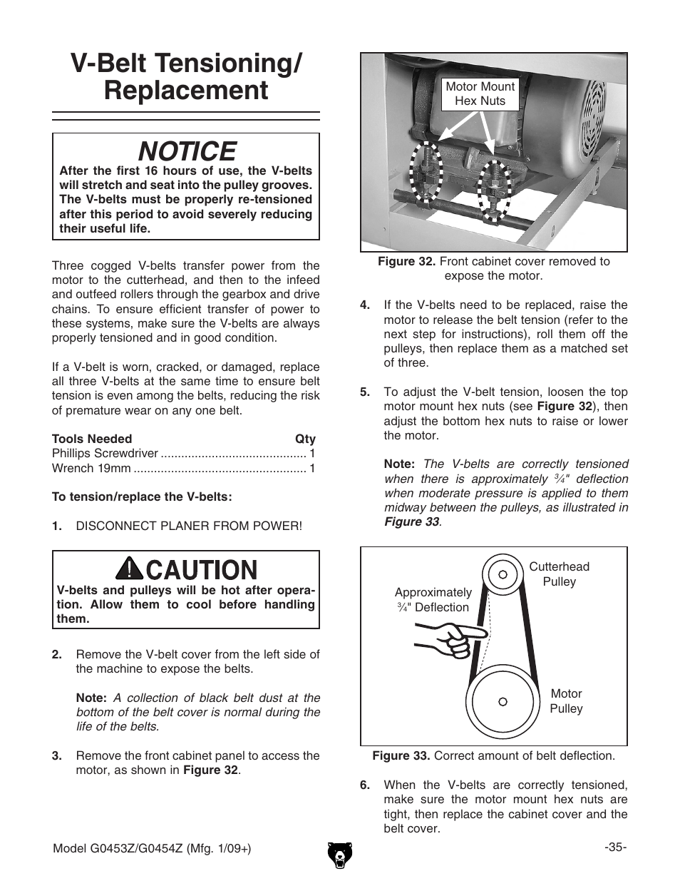 V-belt tensioning/replacement, V-belt tensioning/ replacement notice | Grizzly G0453PX User Manual | Page 41 / 72