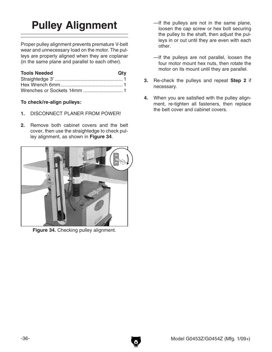 Pulley alignment | Grizzly G0453PX User Manual | Page 42 / 72