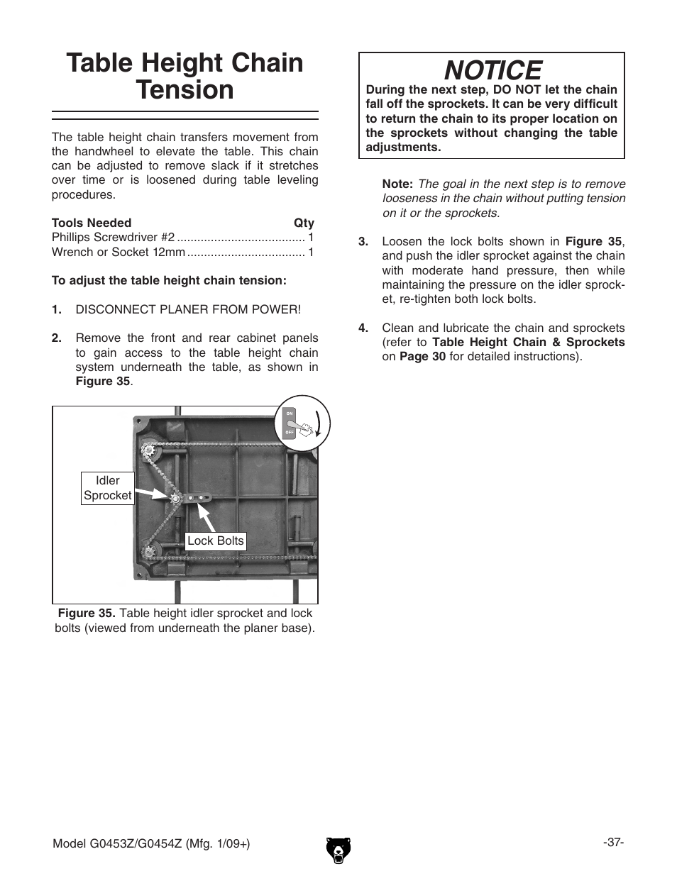 Table height chain tension, Notice | Grizzly G0453PX User Manual | Page 43 / 72