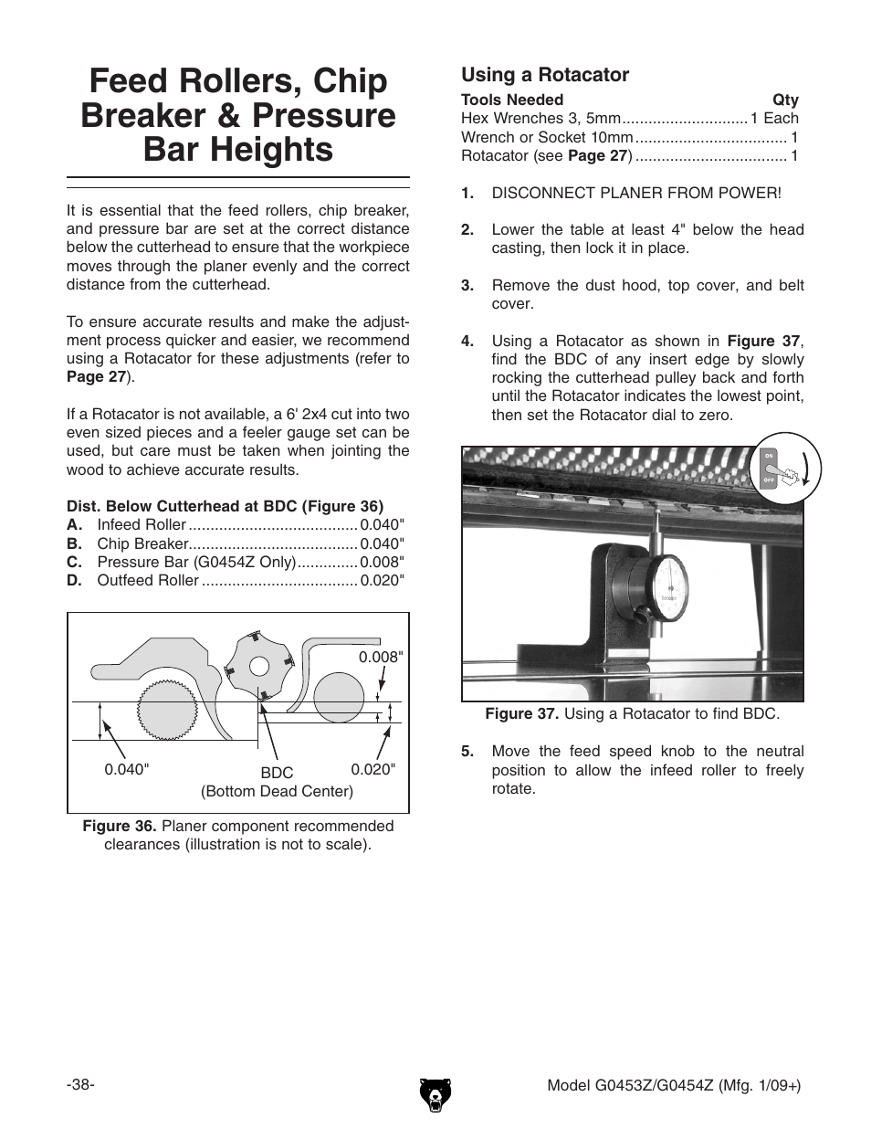 Feed rollers, chip breaker & pressure bar heights | Grizzly G0453PX User Manual | Page 44 / 72