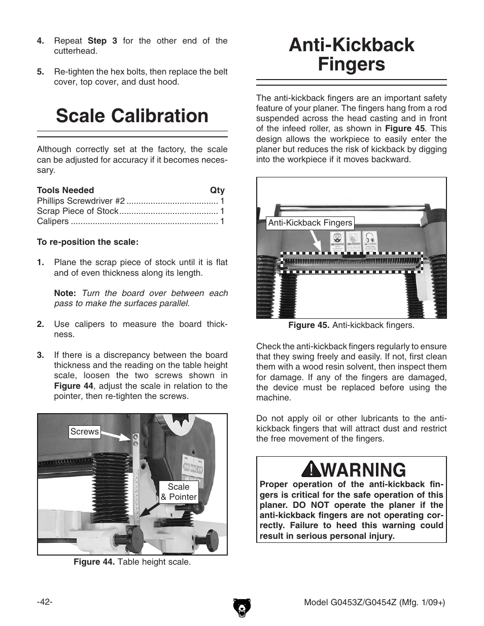 Scale calibration anti-kickback fingers, Scale calibration, Anti-kickback fingers | Grizzly G0453PX User Manual | Page 48 / 72