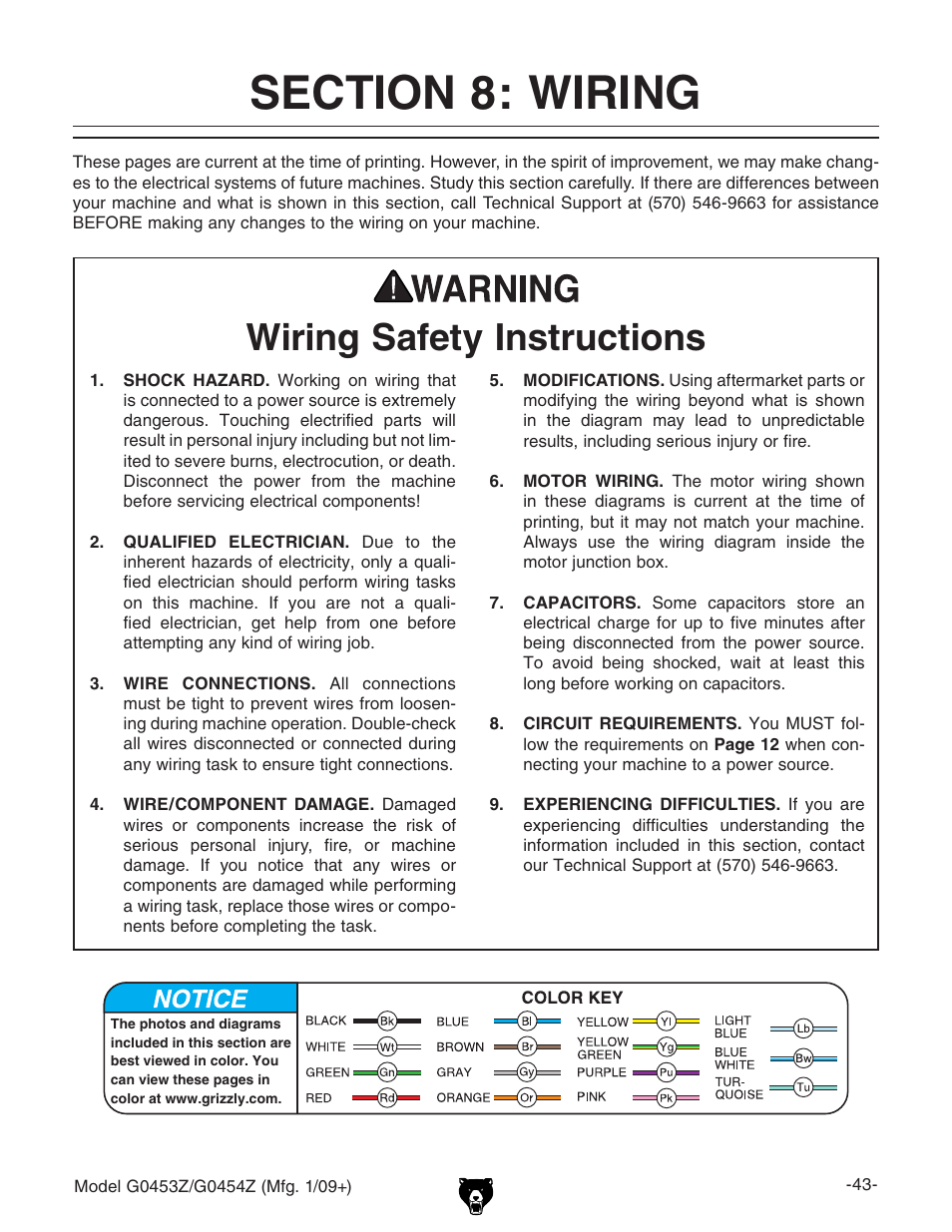 Section 8: wiring, Wiring safety instructions | Grizzly G0453PX User Manual | Page 49 / 72