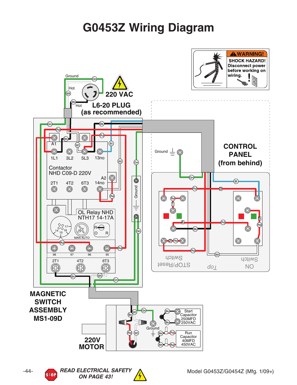 G0453z wiring diagram, 220v motor | Grizzly G0453PX User Manual | Page 50 / 72