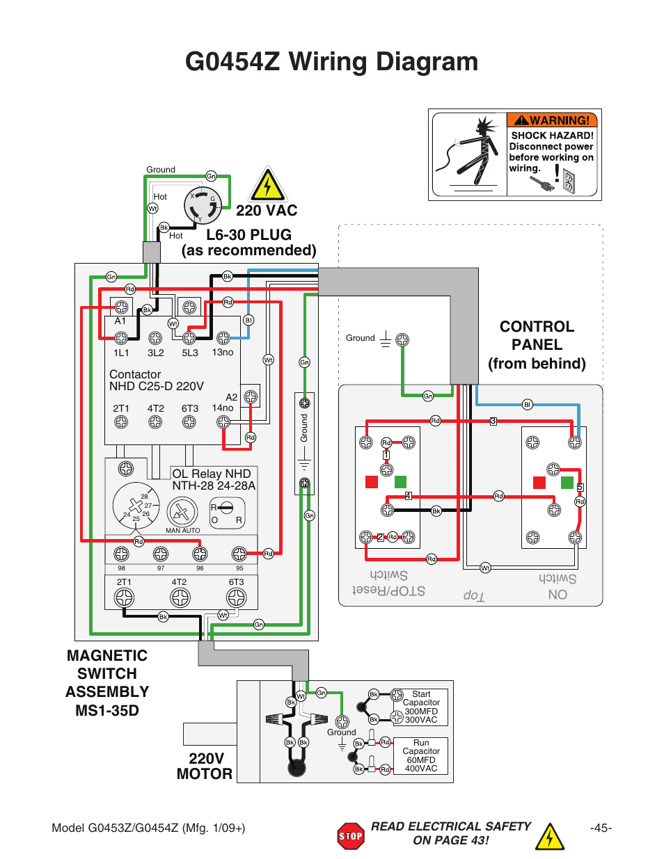 G0454z wiring diagram, 220v motor, On switch top stop/reset switch | Grizzly G0453PX User Manual | Page 51 / 72