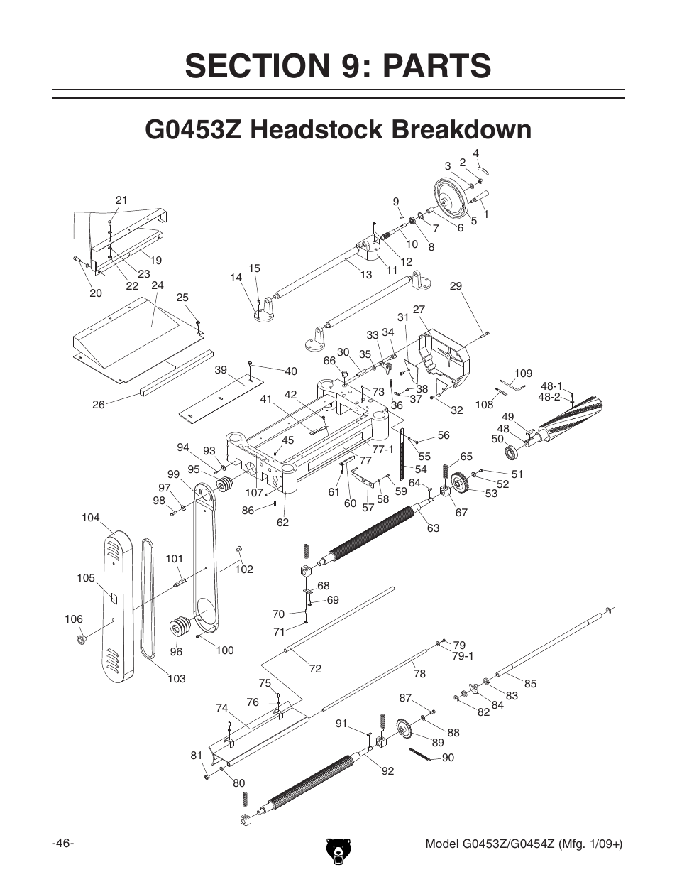 Section 9: parts, G0453z headstock, G0453z headstock breakdown | Grizzly G0453PX User Manual | Page 52 / 72