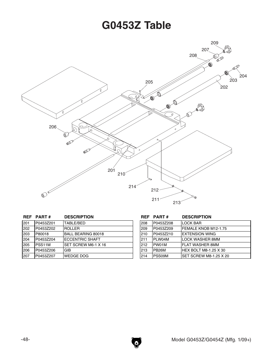 G0453z table | Grizzly G0453PX User Manual | Page 54 / 72
