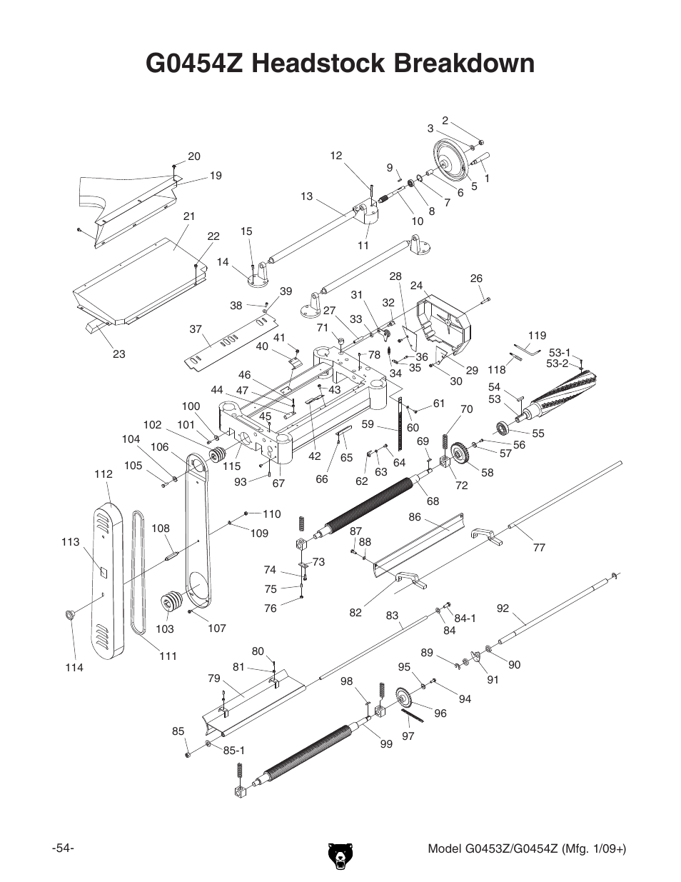 G0454z headstock, G0454z headstock breakdown | Grizzly G0453PX User Manual | Page 60 / 72