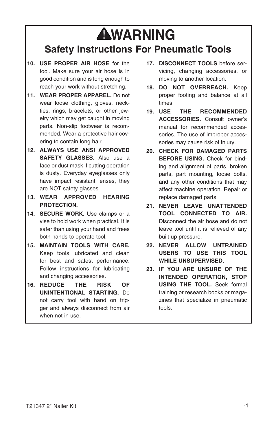 Safety instructions for pneumatic tools | Grizzly T21347 User Manual | Page 3 / 20