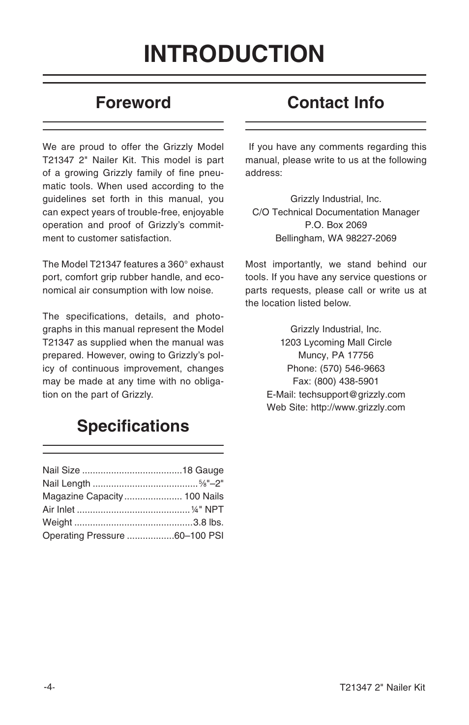 Introduction, Foreword contact info specifications | Grizzly T21347 User Manual | Page 6 / 20
