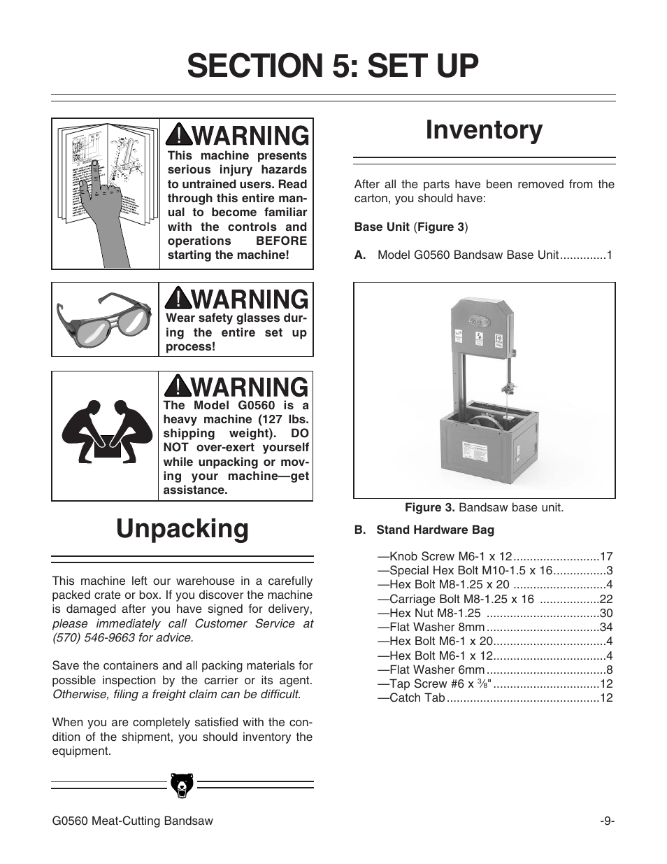 Inventory, Unpacking | Grizzly G0560 User Manual | Page 11 / 44