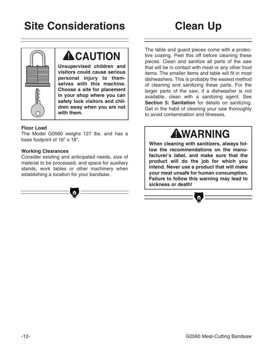 Clean up, Site considerations | Grizzly G0560 User Manual | Page 14 / 44