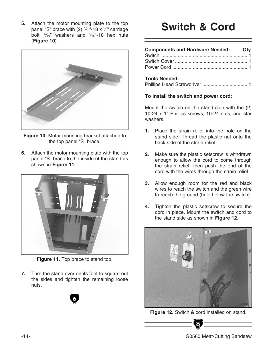 Switch & cord | Grizzly G0560 User Manual | Page 16 / 44
