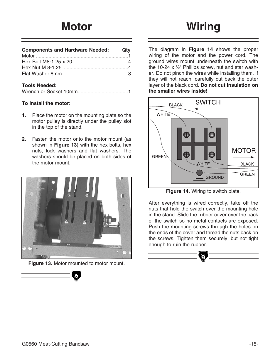 Motor, Wiring | Grizzly G0560 User Manual | Page 17 / 44