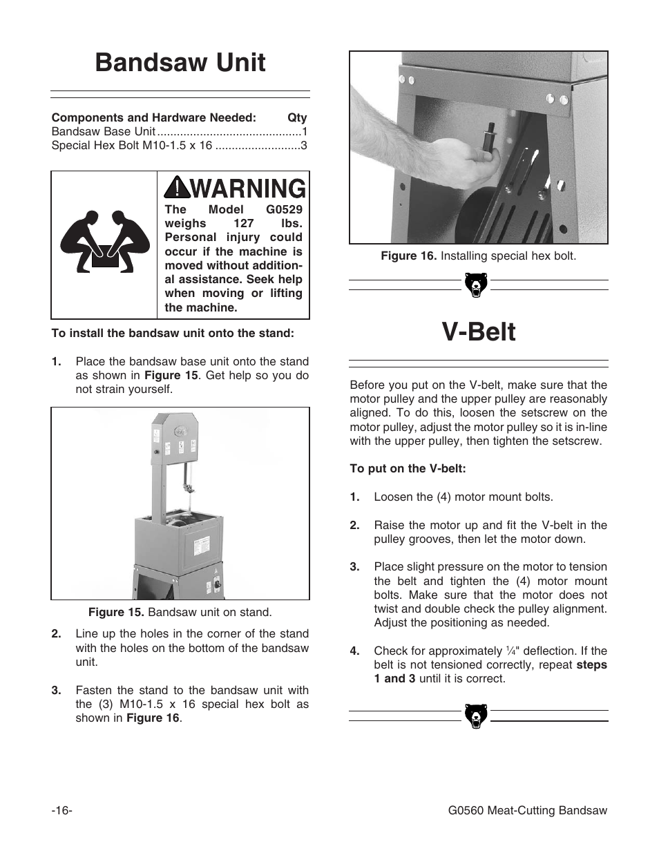 V-belt, Bandsaw unit | Grizzly G0560 User Manual | Page 18 / 44
