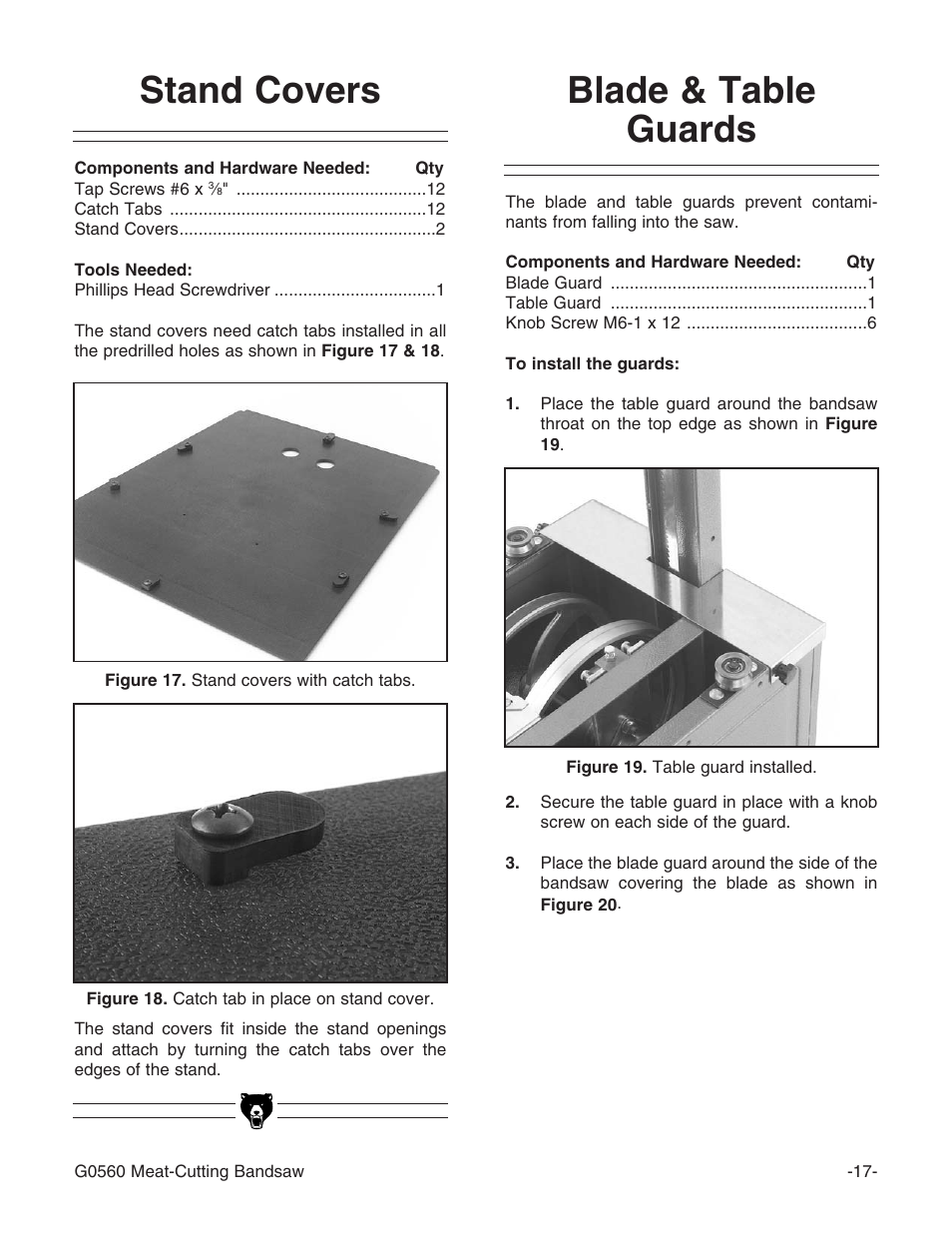 Stand covers, Blade & table guards | Grizzly G0560 User Manual | Page 19 / 44