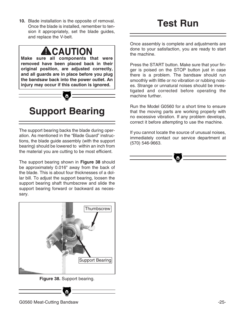 Test run, Support bearing | Grizzly G0560 User Manual | Page 27 / 44