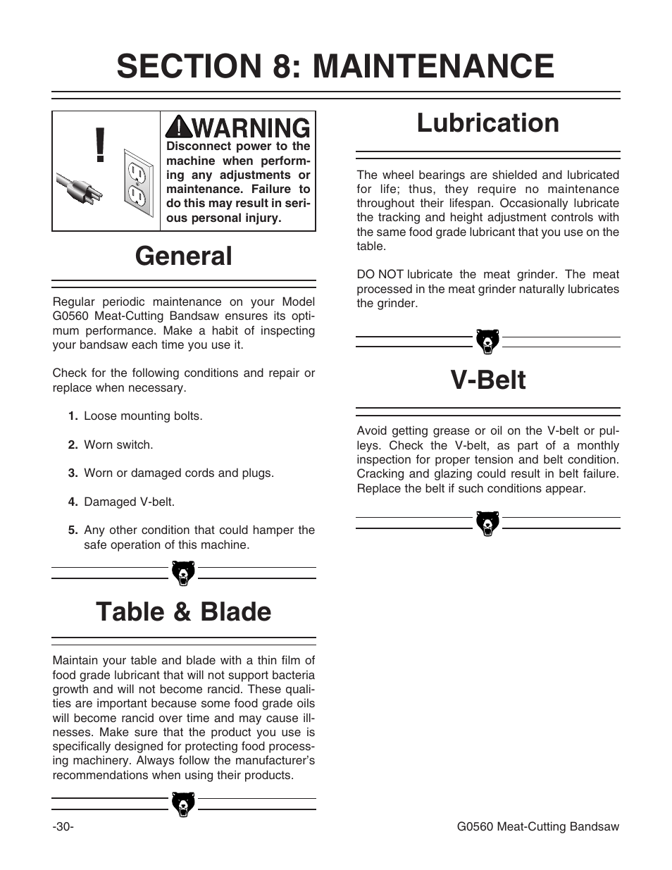 V-belt, Lubrication table & blade general | Grizzly G0560 User Manual | Page 32 / 44
