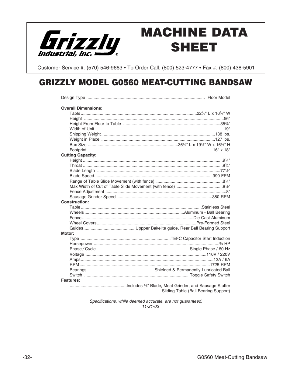 Machine data sheet, Grizzly model g0560 meat-cutting bandsaw, G0560 meat-cutting bandsaw | Grizzly G0560 User Manual | Page 34 / 44