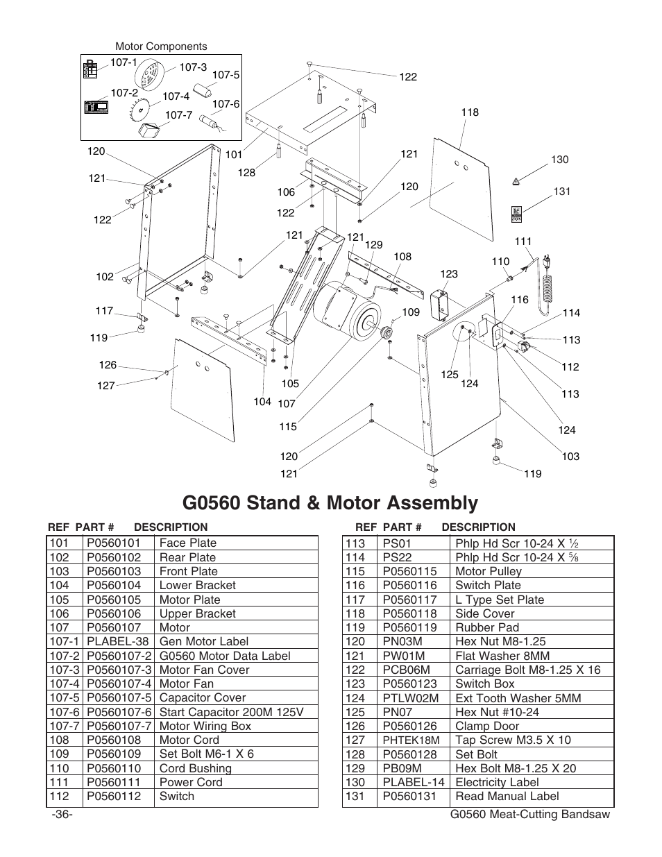 G0560 stand & motor assembly | Grizzly G0560 User Manual | Page 38 / 44