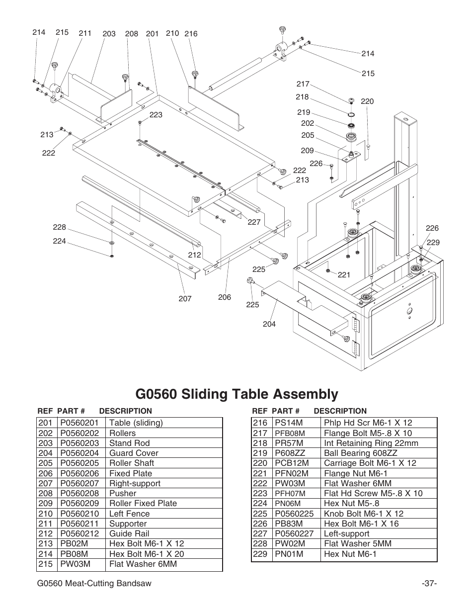 G0560 sliding table assembly | Grizzly G0560 User Manual | Page 39 / 44