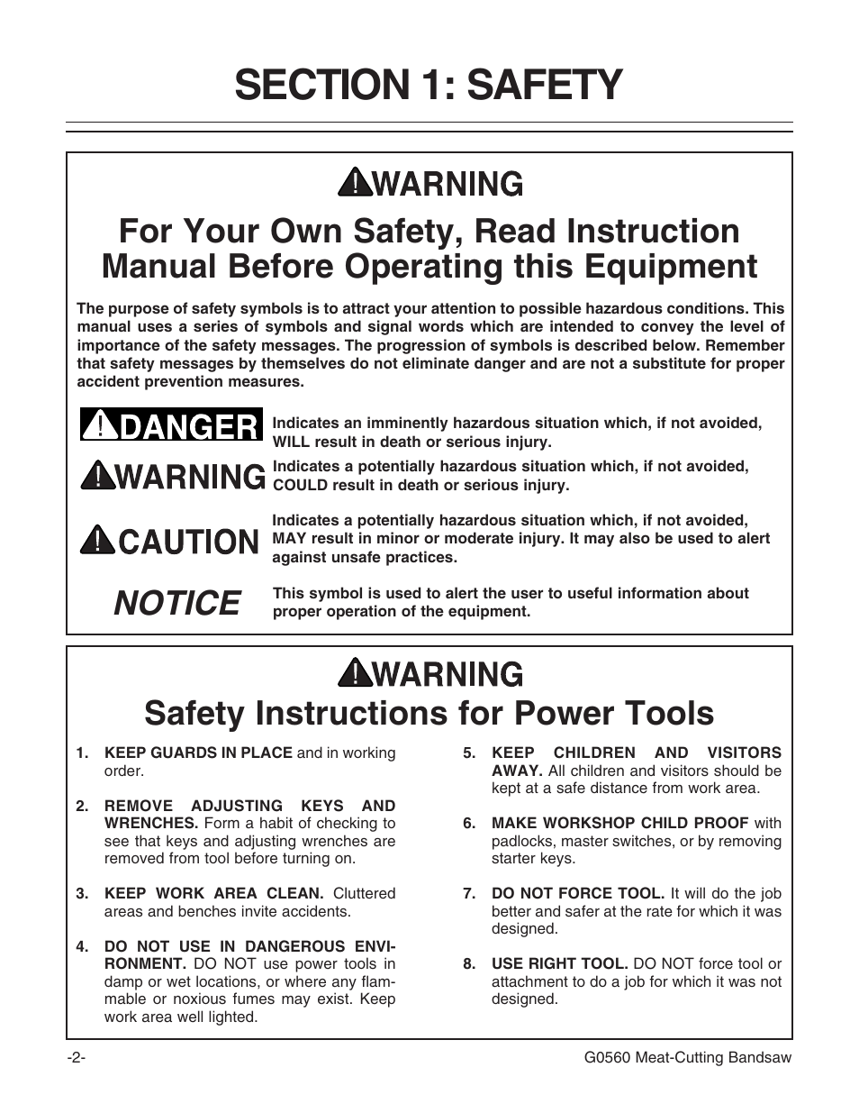 Notice safety instructions for power tools | Grizzly G0560 User Manual | Page 4 / 44