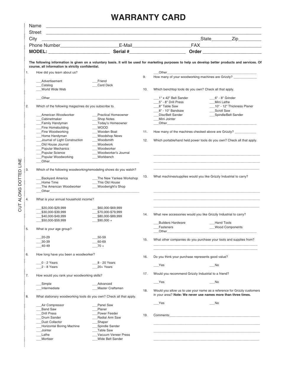 Warranty card, Cut along dotted line | Grizzly G0560 User Manual | Page 41 / 44