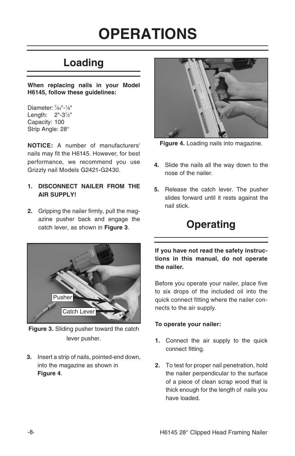 Operations, Loading, Operating | Grizzly H6145 User Manual | Page 10 / 20