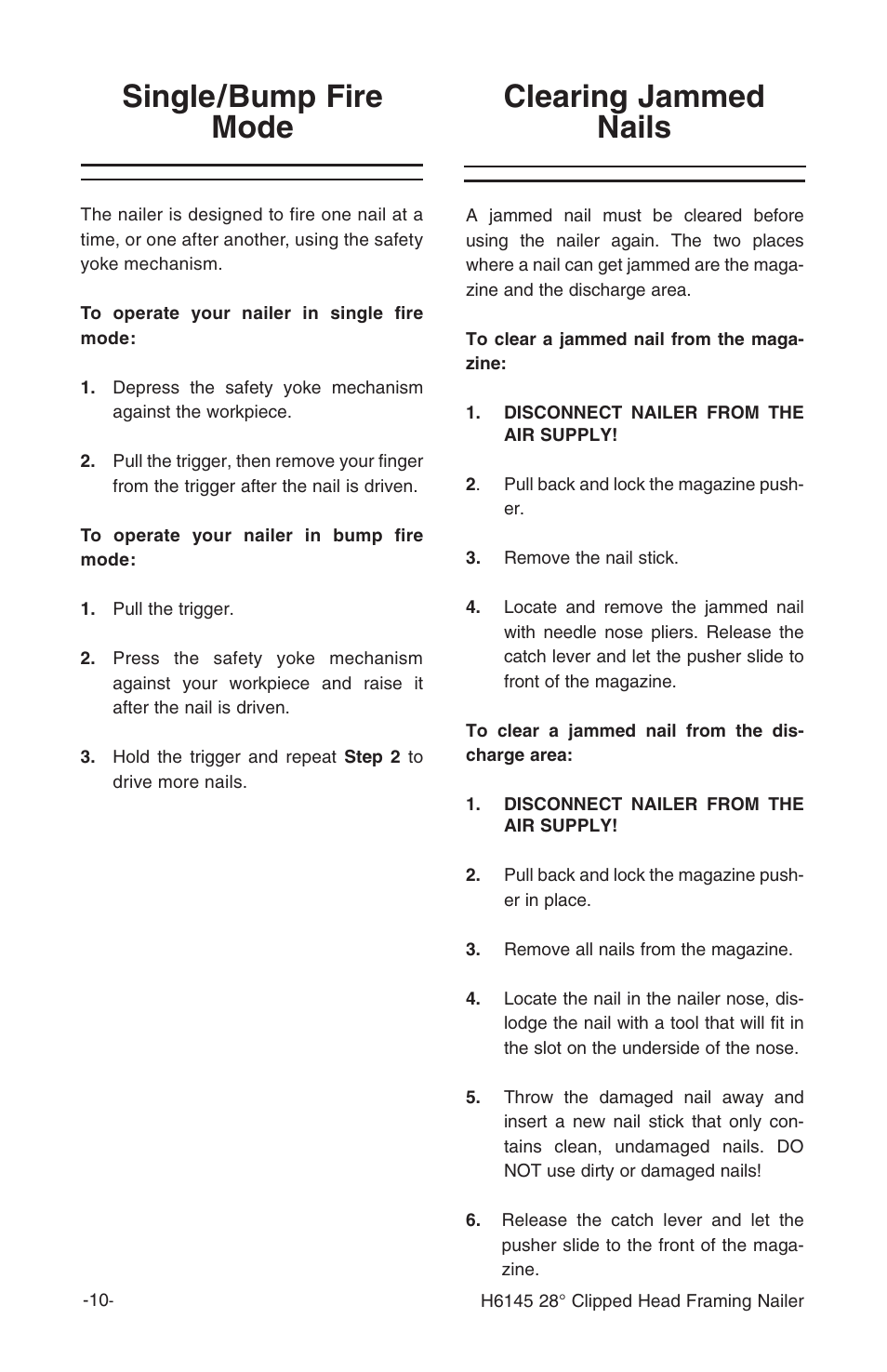 Clearing jammed nails single/bump fire mode | Grizzly H6145 User Manual | Page 12 / 20