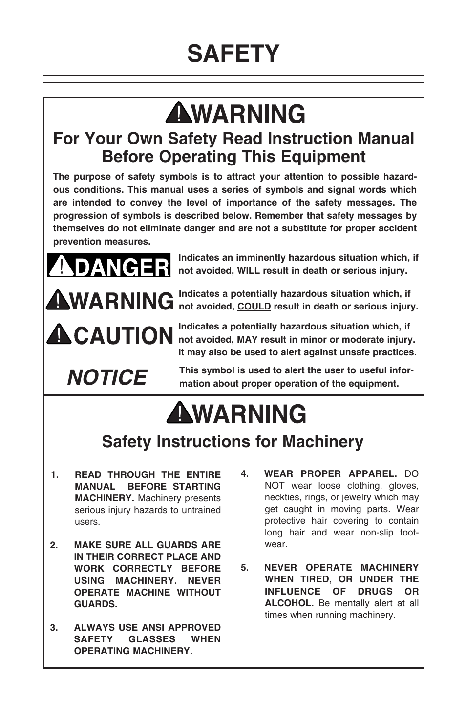 Safety, Notice, Safety instructions for machinery | Grizzly H6145 User Manual | Page 2 / 20