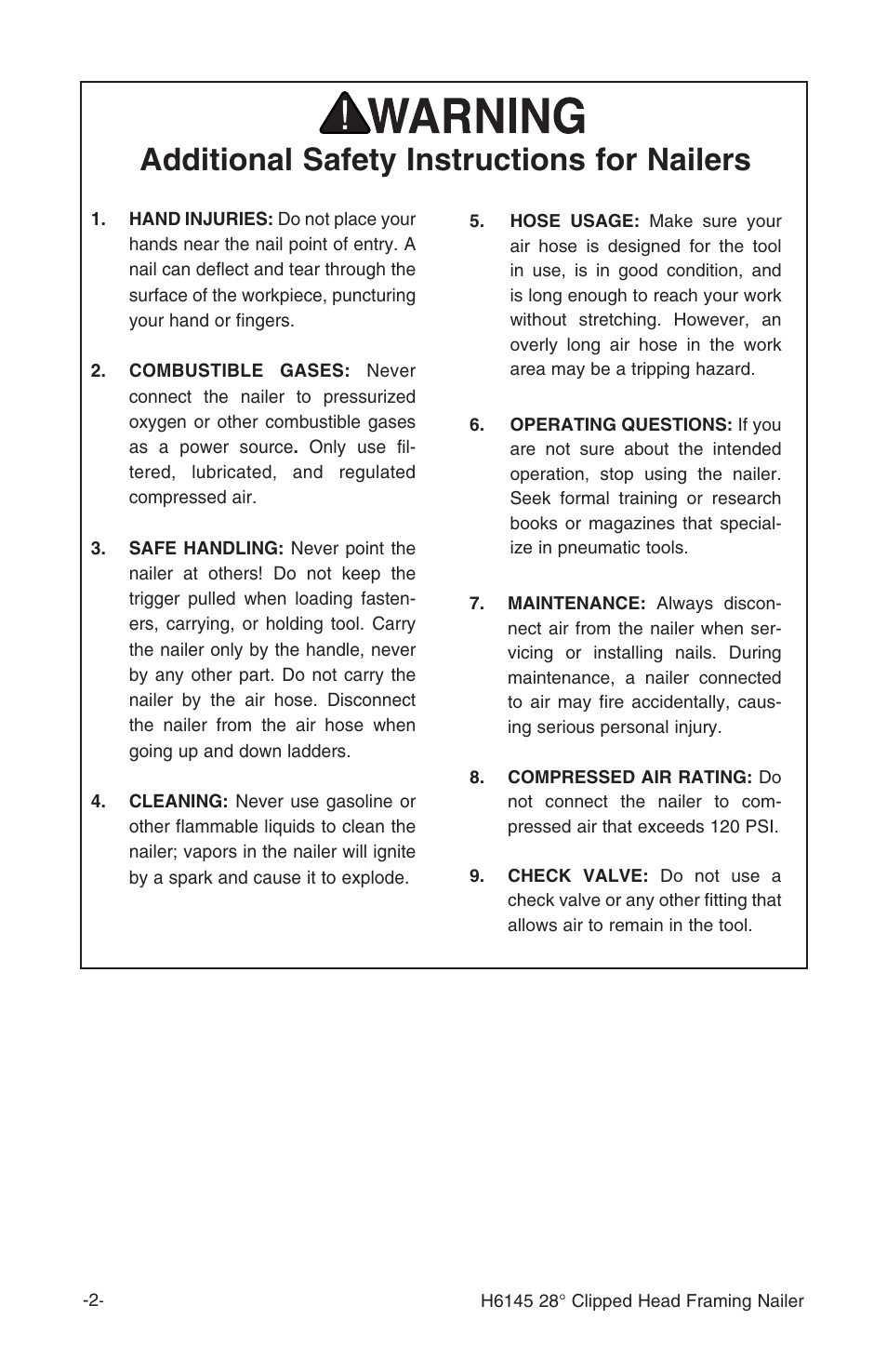 Additional safety instructions for nailers | Grizzly H6145 User Manual | Page 4 / 20