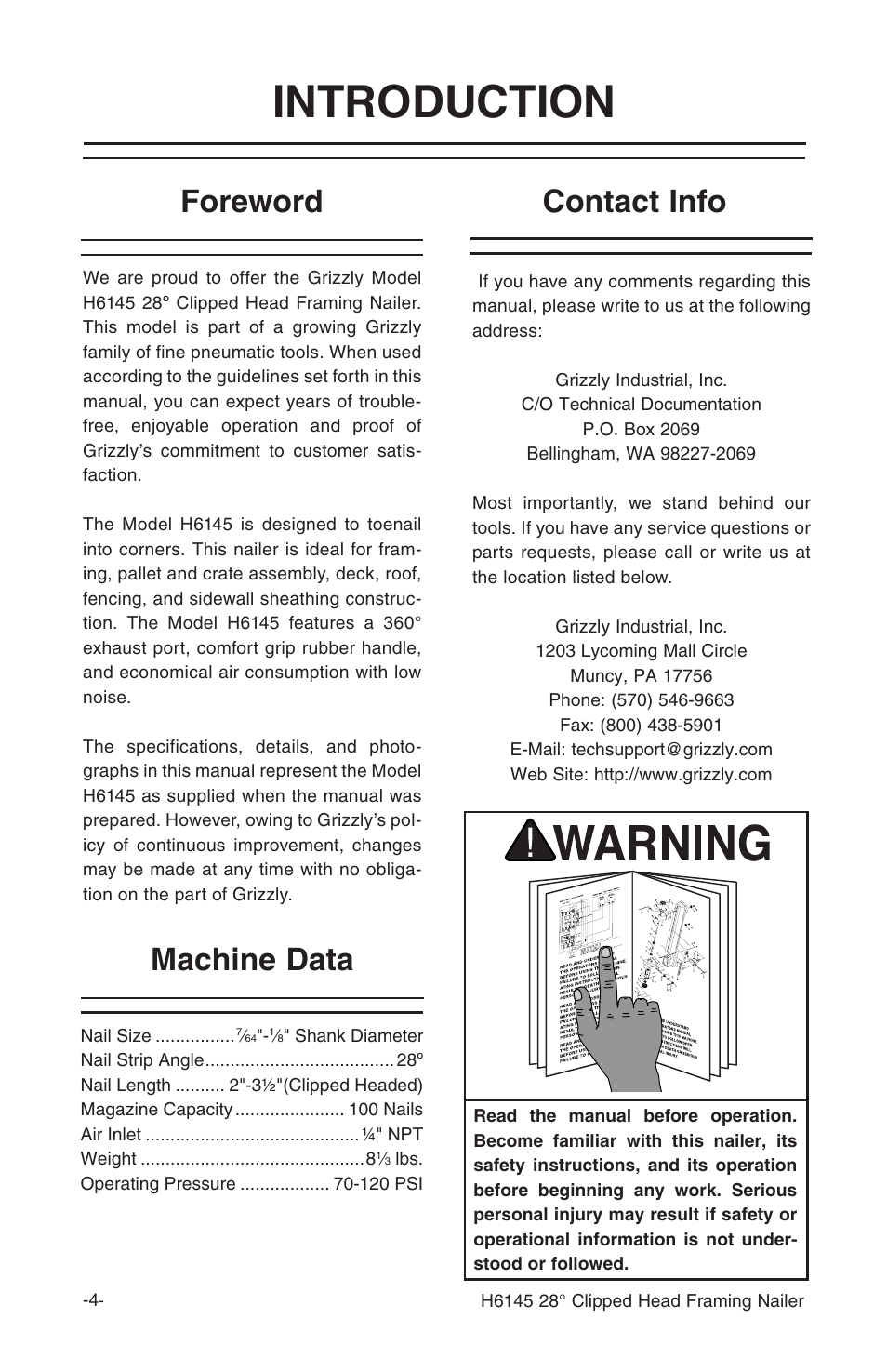 Introduction, Foreword contact info machine data | Grizzly H6145 User Manual | Page 6 / 20